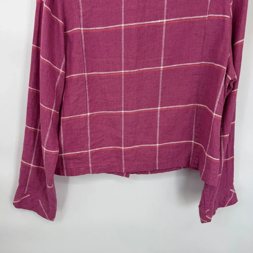 Flax Button Front Jacket Womens Small Pink Windowpane Plaid 100% Linen Boxy